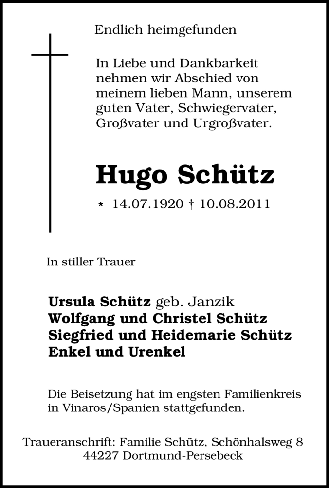 Traueranzeigen von Hugo Schütz Trauer in NRW de