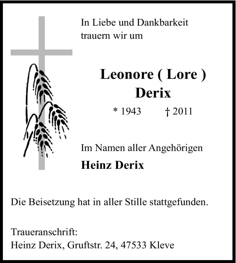 Traueranzeigen Von Leonore Derix Trauer In NRW De