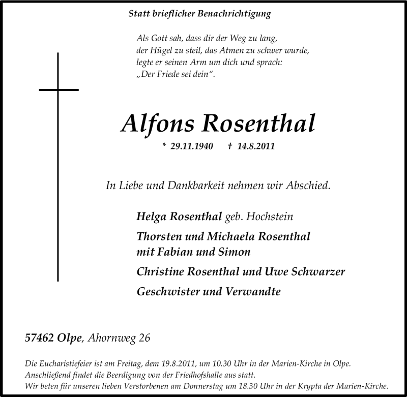 Traueranzeigen Von Alfons Rosenthal Trauer In Nrw De