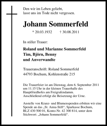 Traueranzeigen Von Johann Sommerfeld Trauer In NRW De