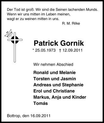 Traueranzeigen Von Patrick Gornik Trauer In NRW De