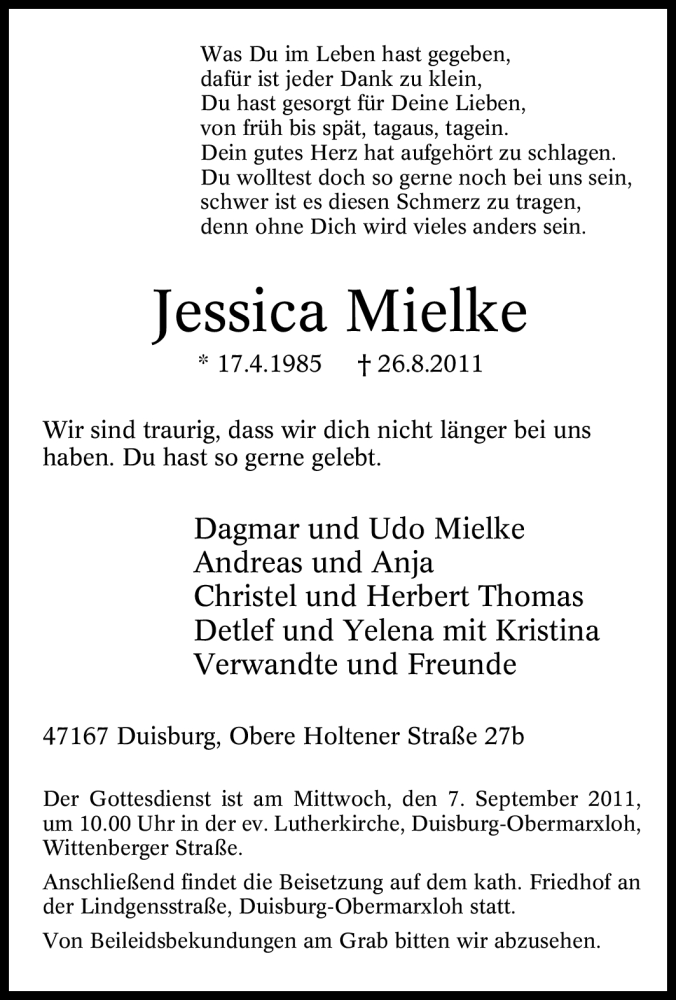 Traueranzeigen Von Jessica Mielke Trauer In NRW De