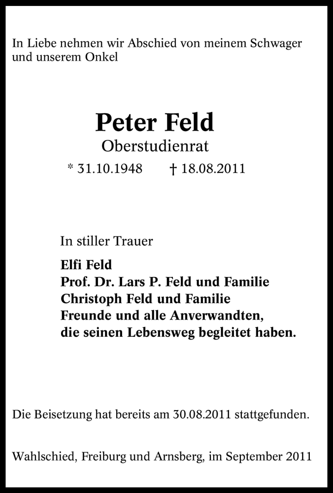 Traueranzeigen Von Peter Feld Trauer In NRW De