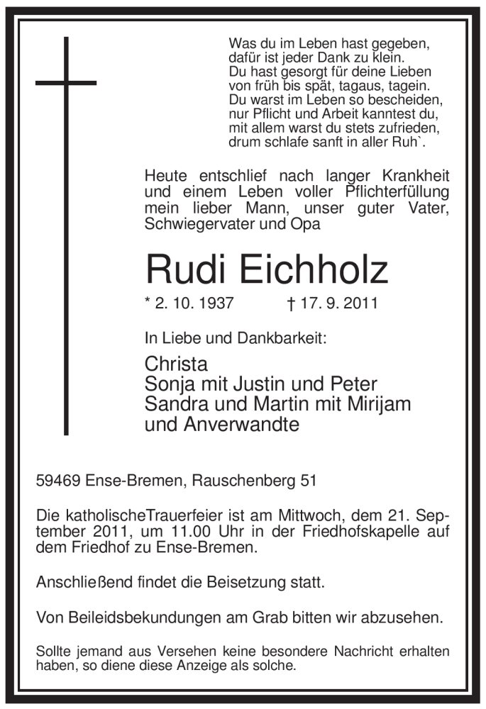 Traueranzeigen Von Rudi Eichholz Trauer In NRW De