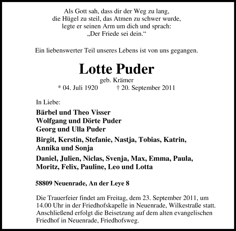 Traueranzeigen Von Lotte Puder Trauer In NRW De