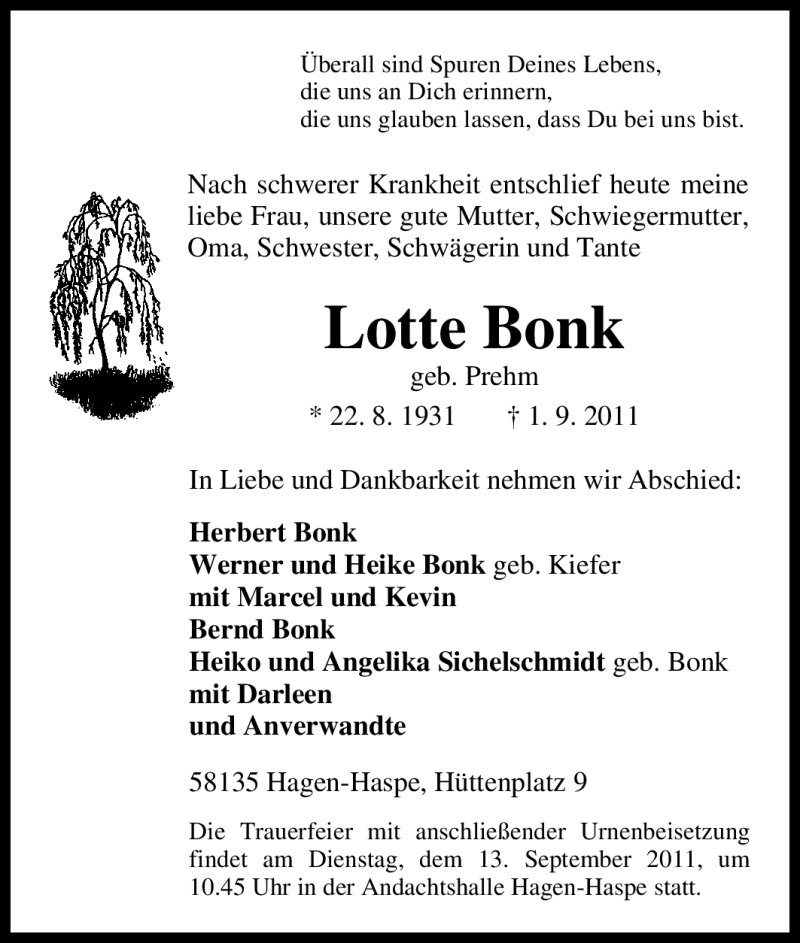 Traueranzeigen Von Lotte Bonk Trauer In NRW De