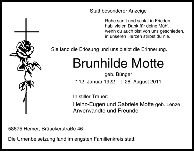 Traueranzeigen Von Brunhilde Motte Trauer In Nrw De