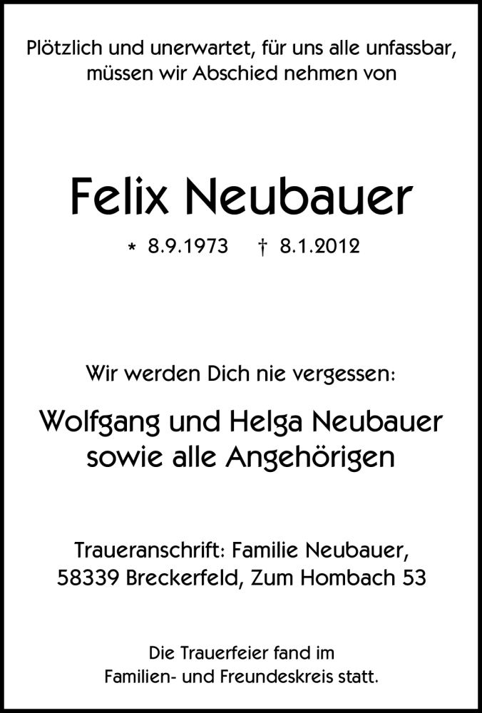 Traueranzeigen Von Felix Neubauer Trauer In Nrw De