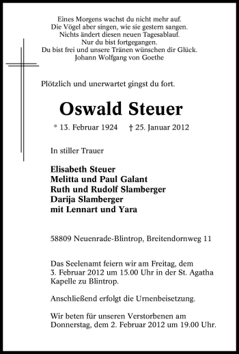 Traueranzeigen Von Oswald Steuer Trauer In Nrw De