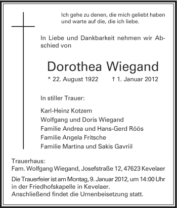 Traueranzeigen Von Dorothea Wiegand Trauer In Nrw De