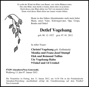 Traueranzeigen Von Detlef Vogelsang Trauer In NRW De