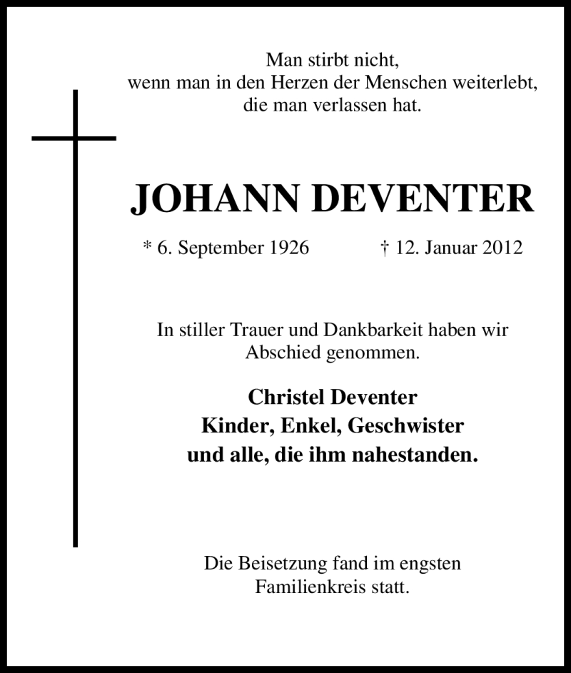 Traueranzeigen Von Johann Deventer Trauer In Nrw De