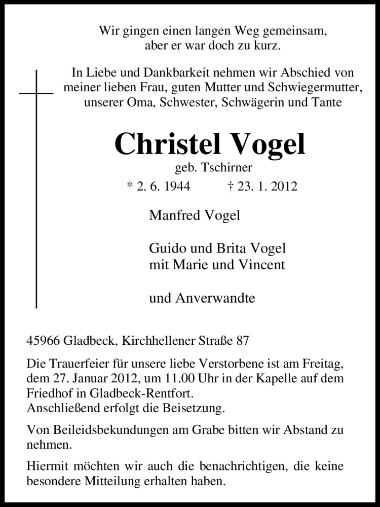 Traueranzeigen Von Christel Vogel Trauer In Nrw De