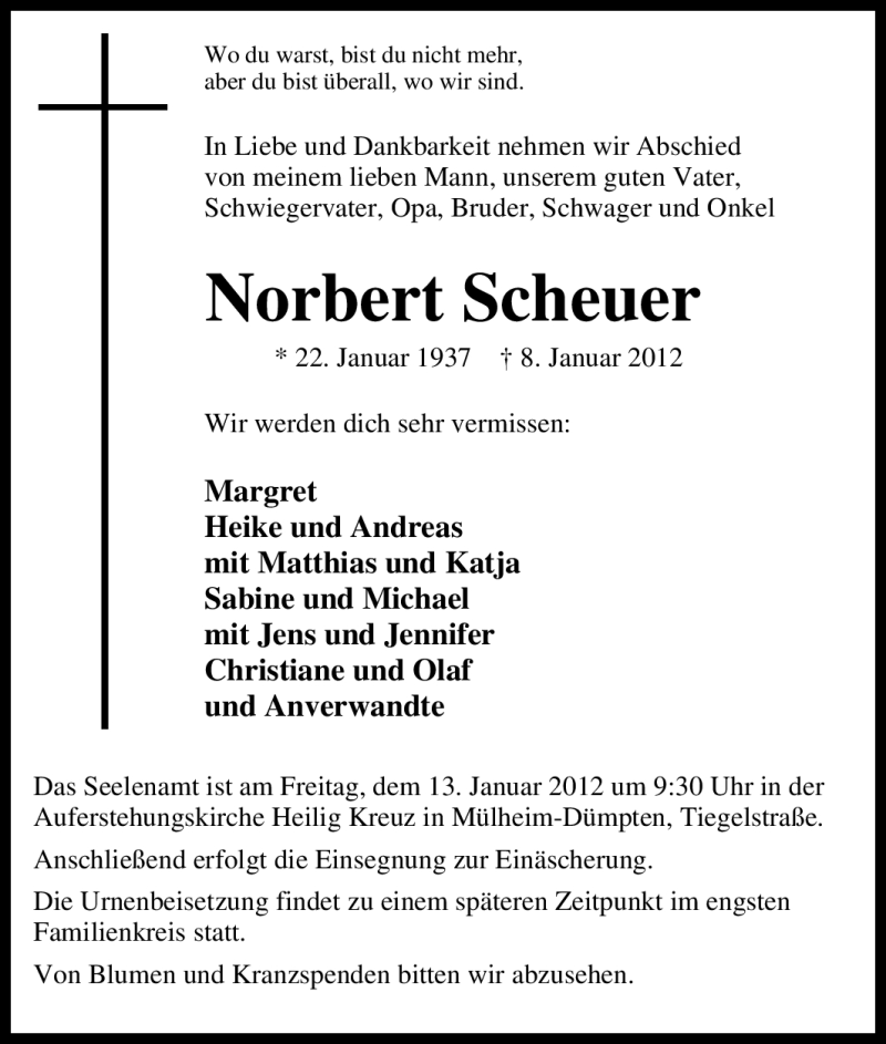 Traueranzeigen Von Norbert Scheuer Trauer In NRW De