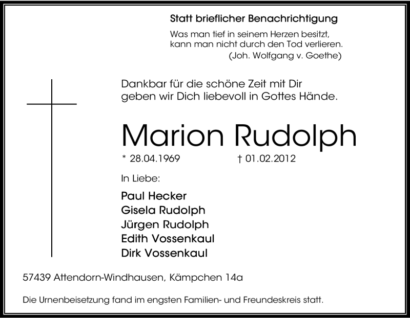 Traueranzeigen Von Marion Rudolph Trauer In Nrw De