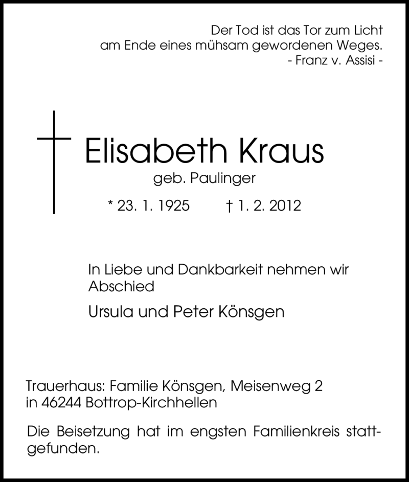 Traueranzeigen Von Elisabeth Kraus Trauer In Nrw De