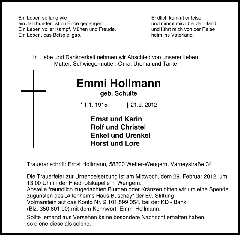 Traueranzeigen Von Emmi Hollmann Trauer In Nrw De