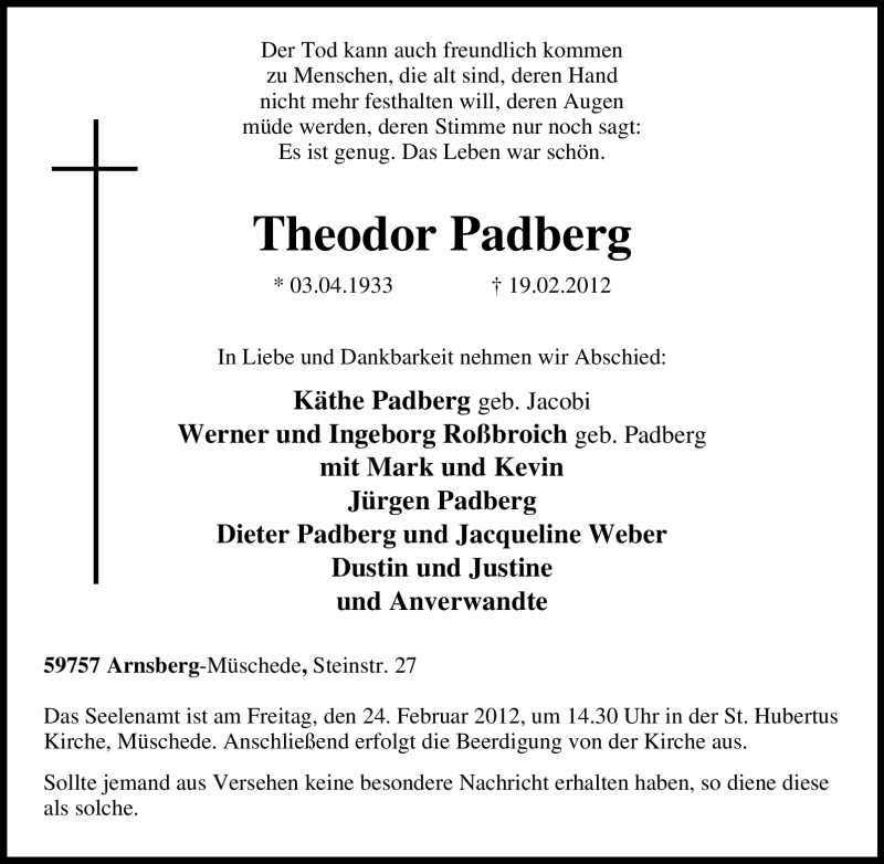 Traueranzeigen Von Theodor Padberg Trauer In Nrw De