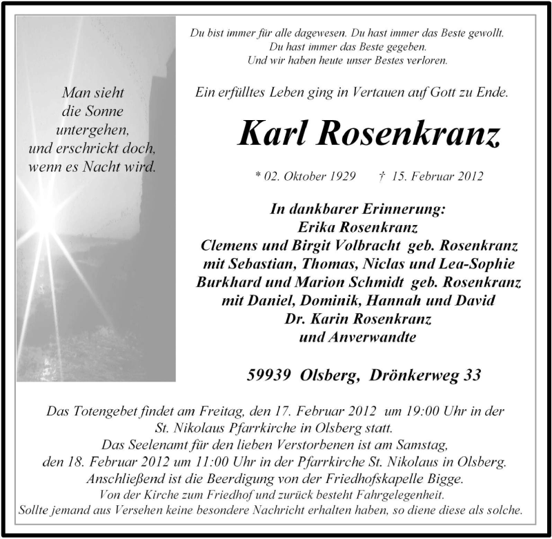 Traueranzeigen Von Karl Rosenkranz Trauer In NRW De