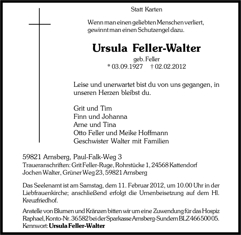 Traueranzeigen Von Ursula Feller Walter Trauer In NRW De