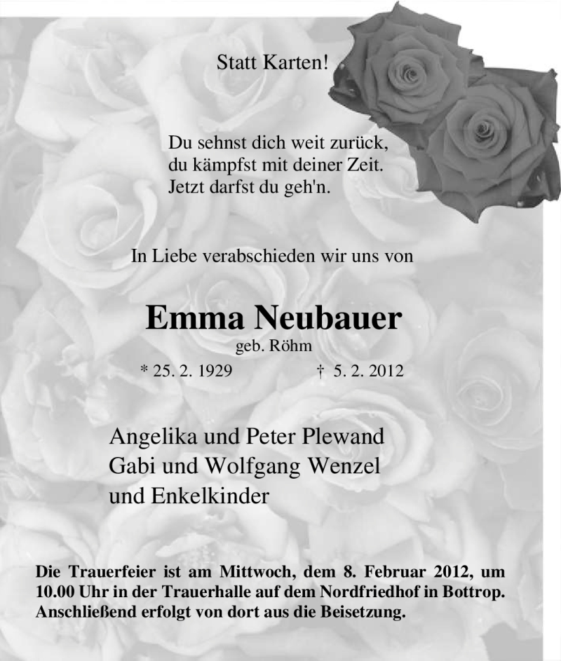 Traueranzeigen Von Emma Neubauer Trauer In Nrw De