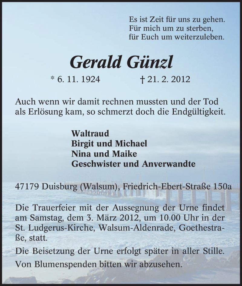 Traueranzeigen von Gerald Günzl Trauer in NRW de