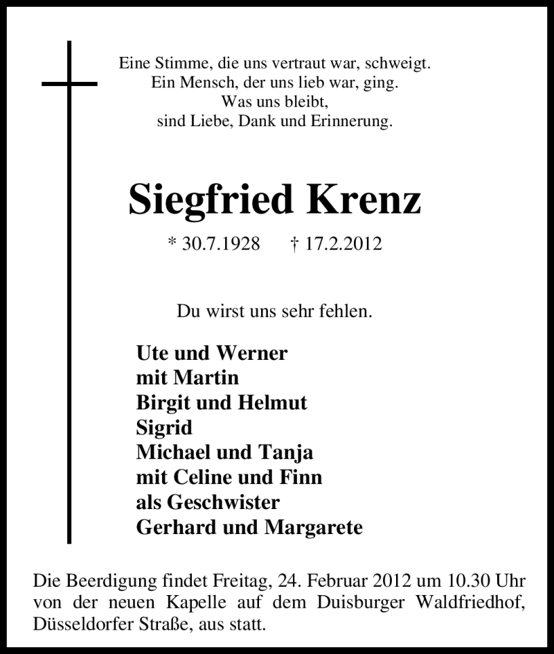 Traueranzeigen Von Siegfried Krenz Trauer In Nrw De