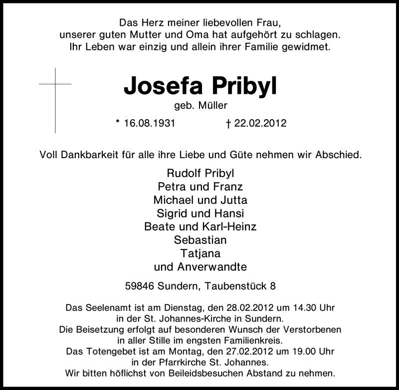 Traueranzeigen Von Josefa Pribyl Trauer In Nrw De