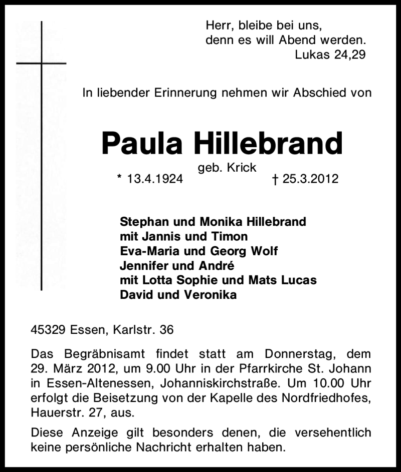 Traueranzeigen Von Paula Hillebrand Trauer In Nrw De