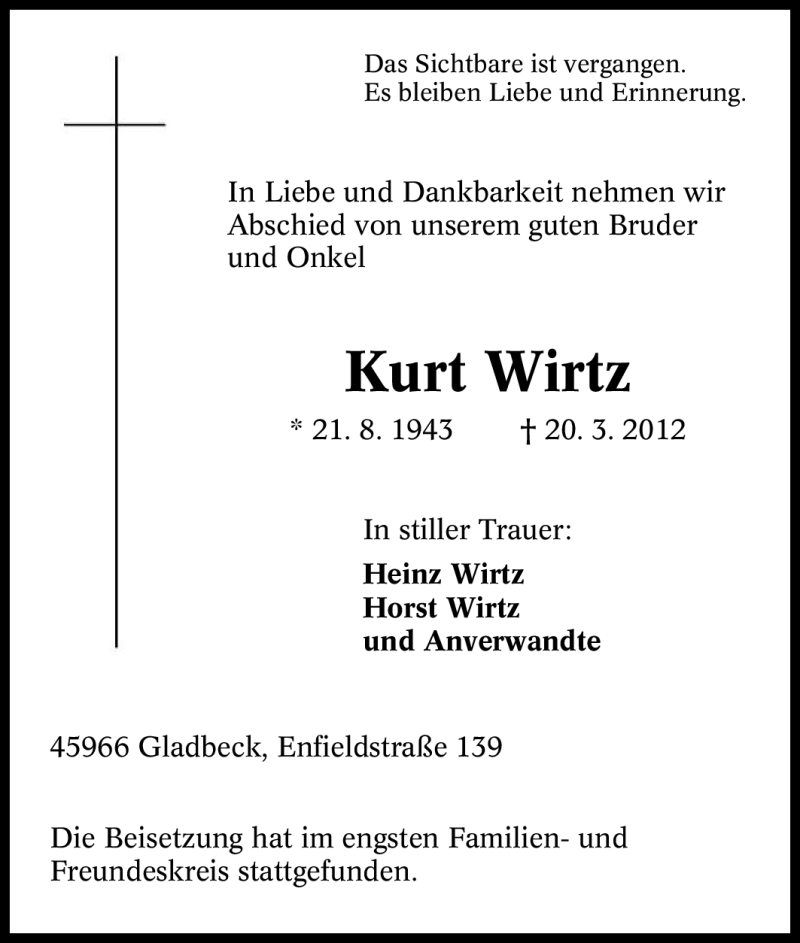 Traueranzeigen Von Kurt Wirtz Trauer In Nrw De