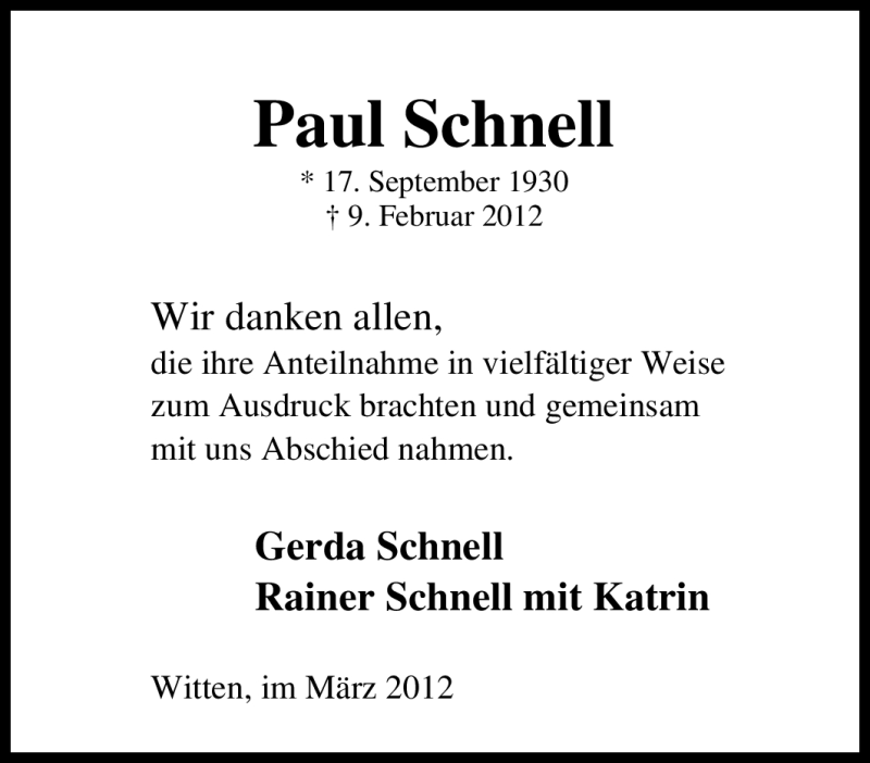 Traueranzeigen Von Paul Schnell Trauer In NRW De