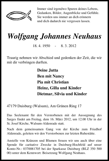 Traueranzeigen Von Wolfgang Johannes Neuhaus Trauer In Nrw De