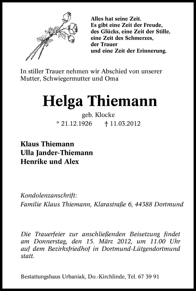 Traueranzeigen Von Helga Thiemann Trauer In Nrw De