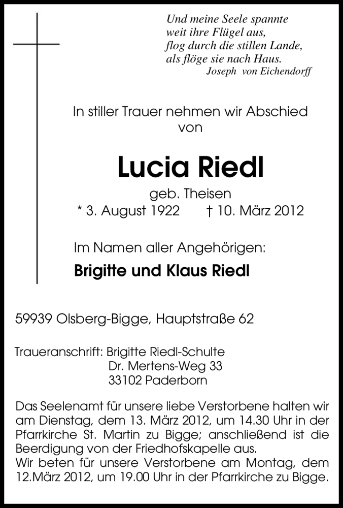 Traueranzeigen Von Lucia Riedl Trauer In NRW De