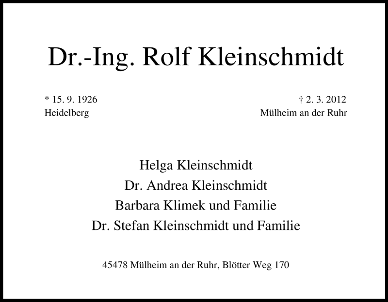 Traueranzeigen Von Rolf Kleinschmidt Trauer In NRW De