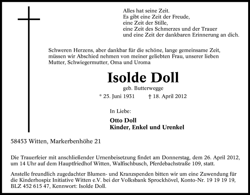 Traueranzeigen Von Isolde Doll Trauer In NRW De