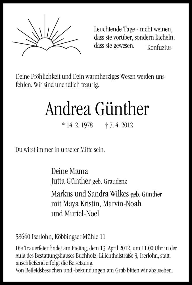 Traueranzeigen von Andrea Günther Trauer in NRW de