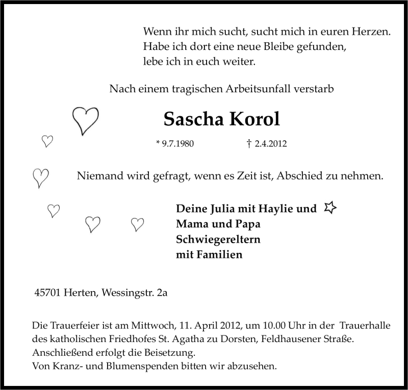 Traueranzeigen Von Sascha Korol Trauer In NRW De