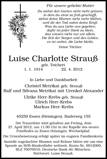 Traueranzeigen Von Luise Charlotte Strau Trauer In Nrw De