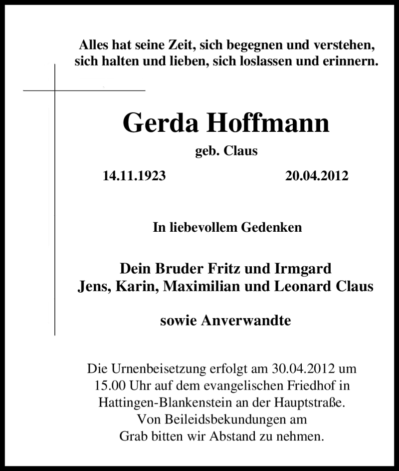 Traueranzeigen Von Gerda Hoffmann Trauer In Nrw De