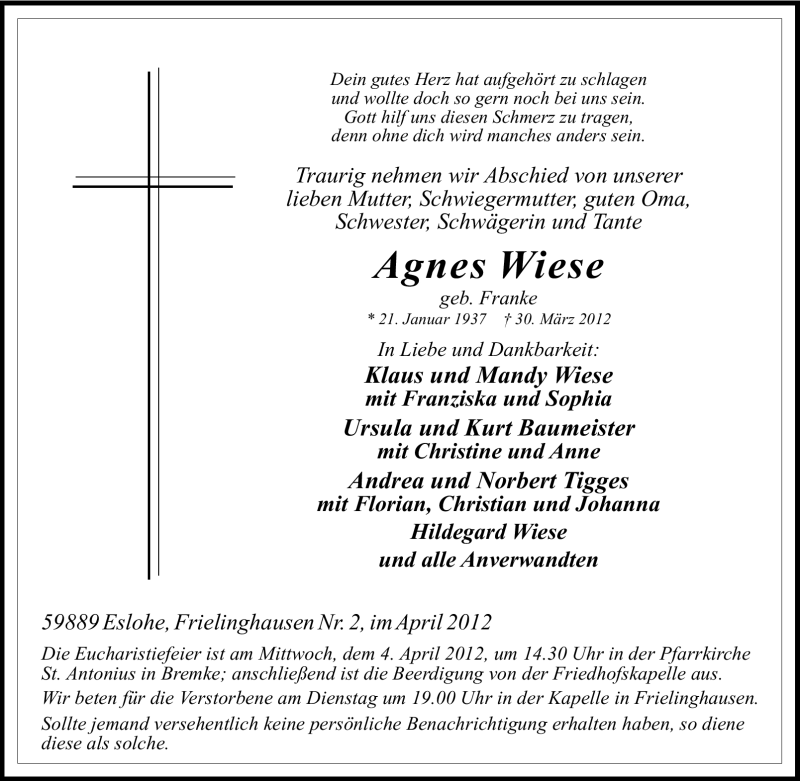 Traueranzeigen Von Agnes Wiese Trauer In NRW De