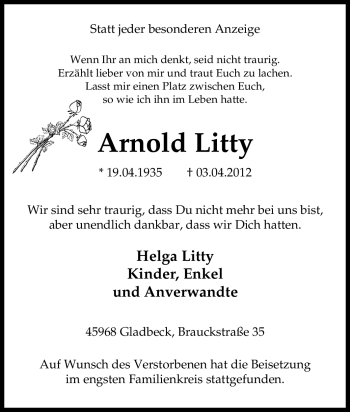 Traueranzeigen Von Arnold Litty Trauer In NRW De