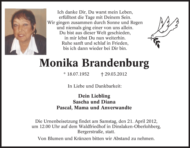 Traueranzeigen Von Monika Brandenburg Trauer In Nrw De