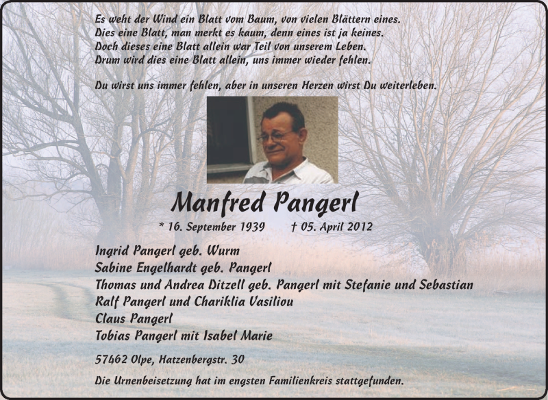 Traueranzeigen Von Manfred Pangerl Trauer In Nrw De