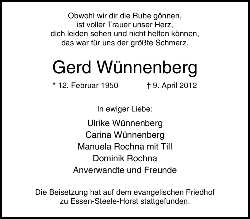 Traueranzeigen von Gerd Wünnenberg Trauer in NRW de