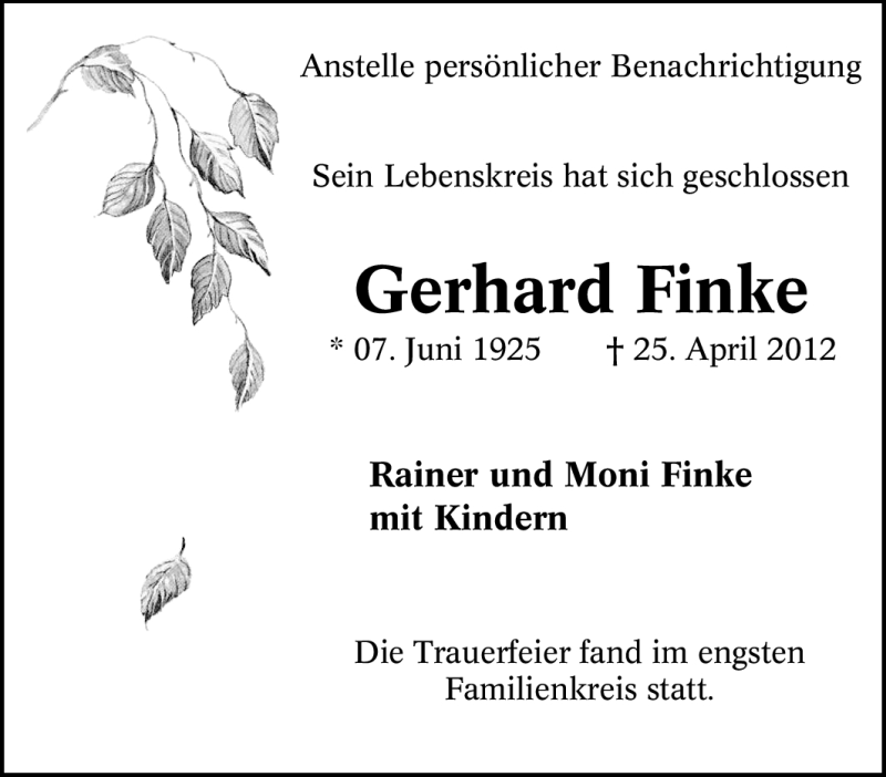 Traueranzeigen Von Gerhard Finke Trauer In Nrw De