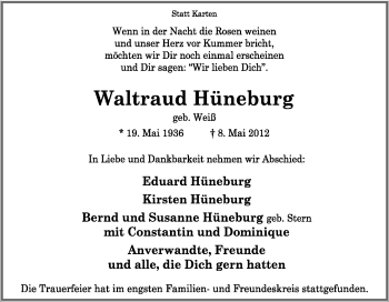 Traueranzeige von Waltraud Hüneburg von Tageszeitung