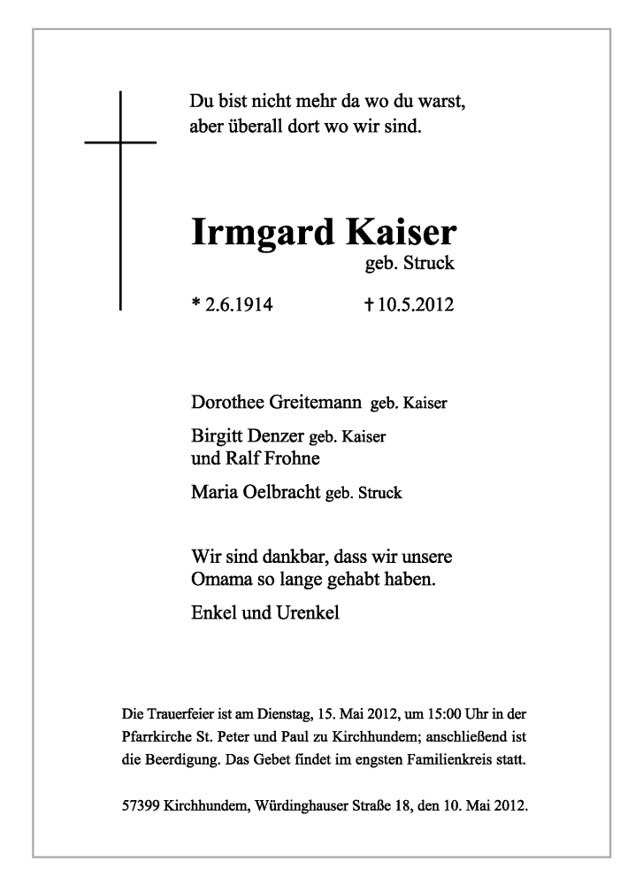 Traueranzeigen Von Irmgard Kaiser Trauer In Nrw De