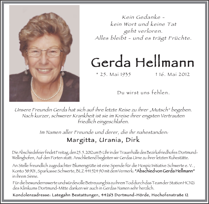 Traueranzeigen Von Gerda Hellmann Trauer In Nrw De