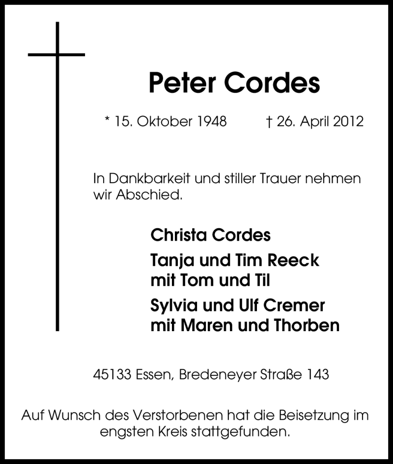 Traueranzeigen Von Peter Cordes Trauer In NRW De